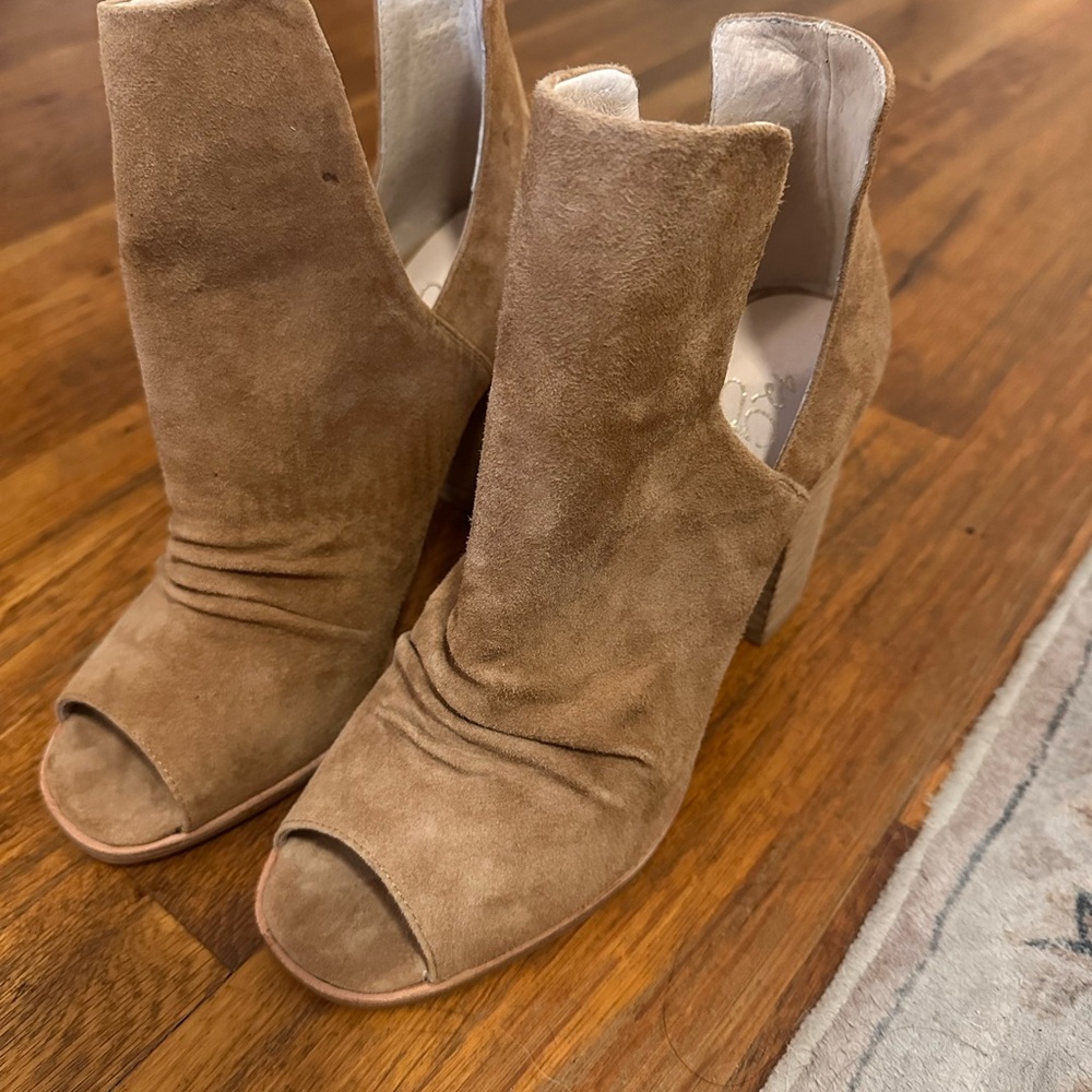 Tan Suede Peep-Toe Ankle Boots